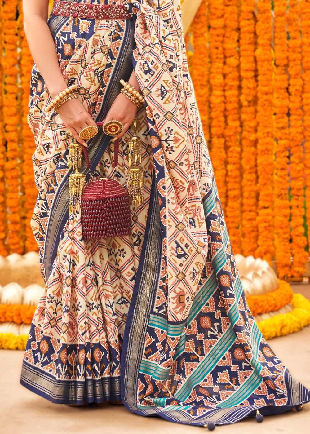Buy MySilkLove Pancho Ceam Printed Patola Silk Saree Online