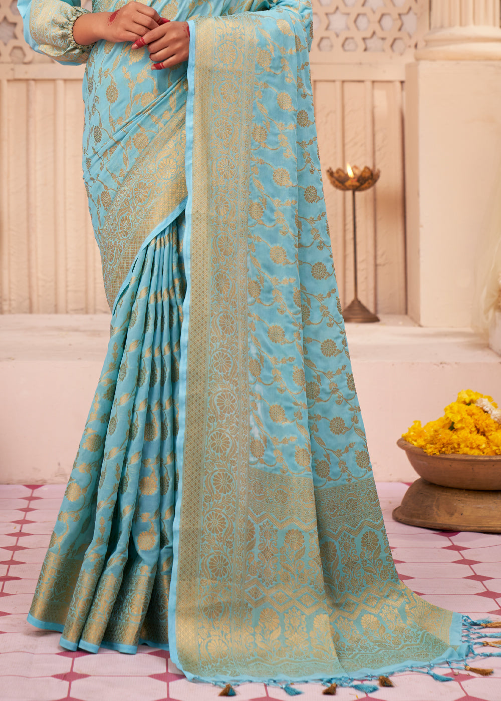 Buy MySilkLove Sea Nymph Blue Woven Georgette Saree Online