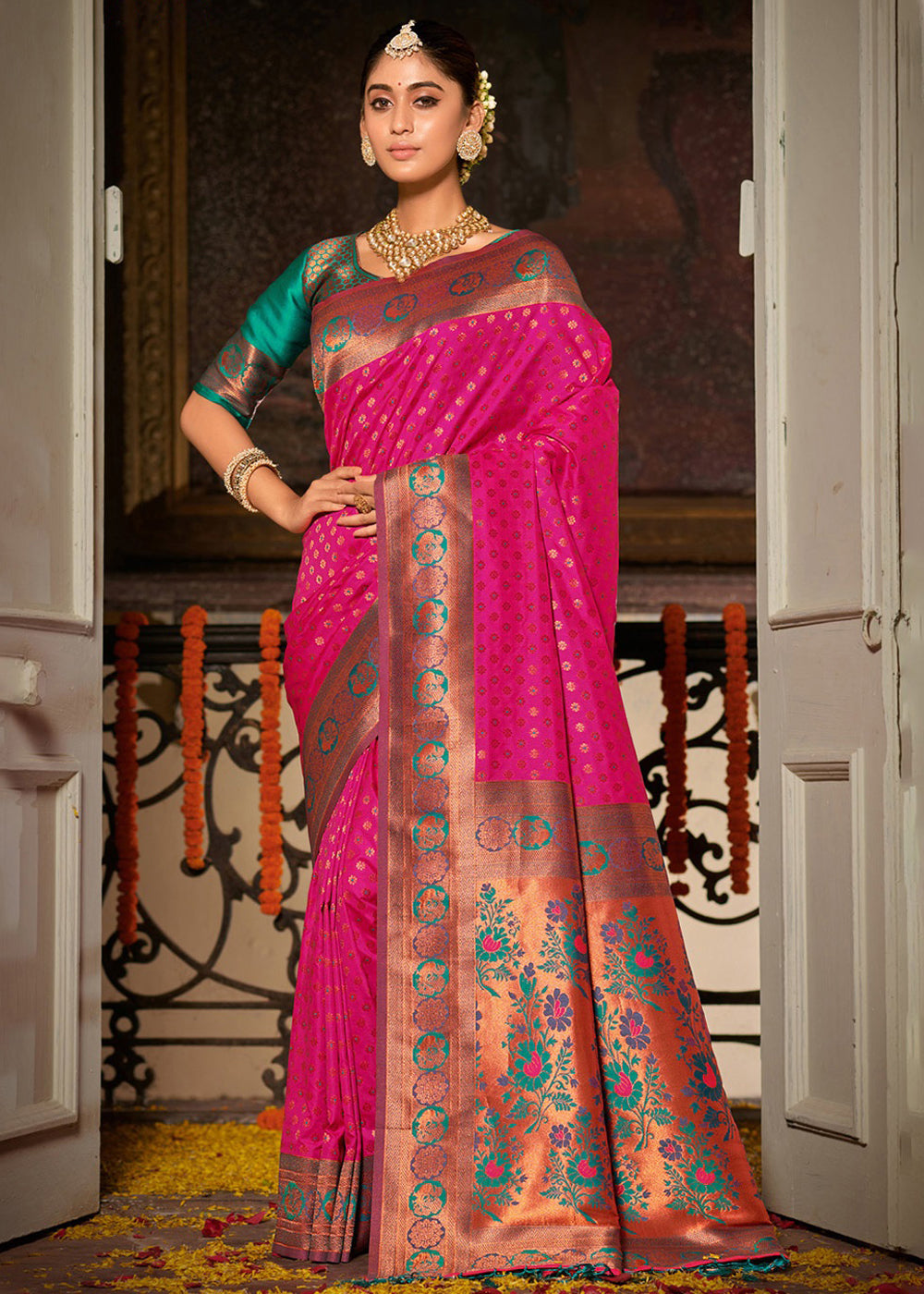 Buy Pink and Green Woven Banarasi Silk Saree Online MySilkLove