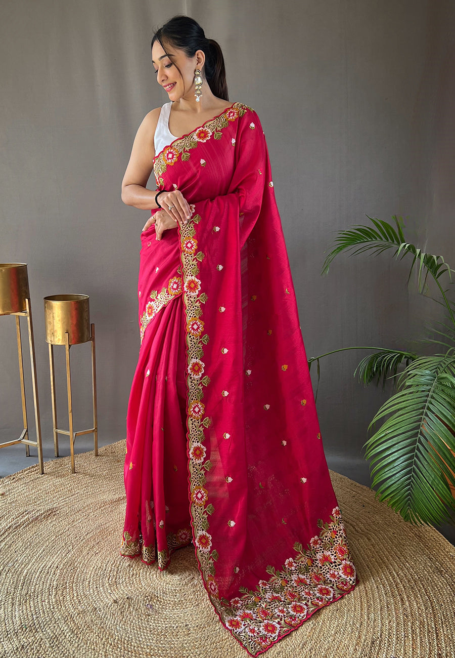 Buy MySilkLove Sasquatch Socks Pink Embroidered Tussar Silk Saree Online
