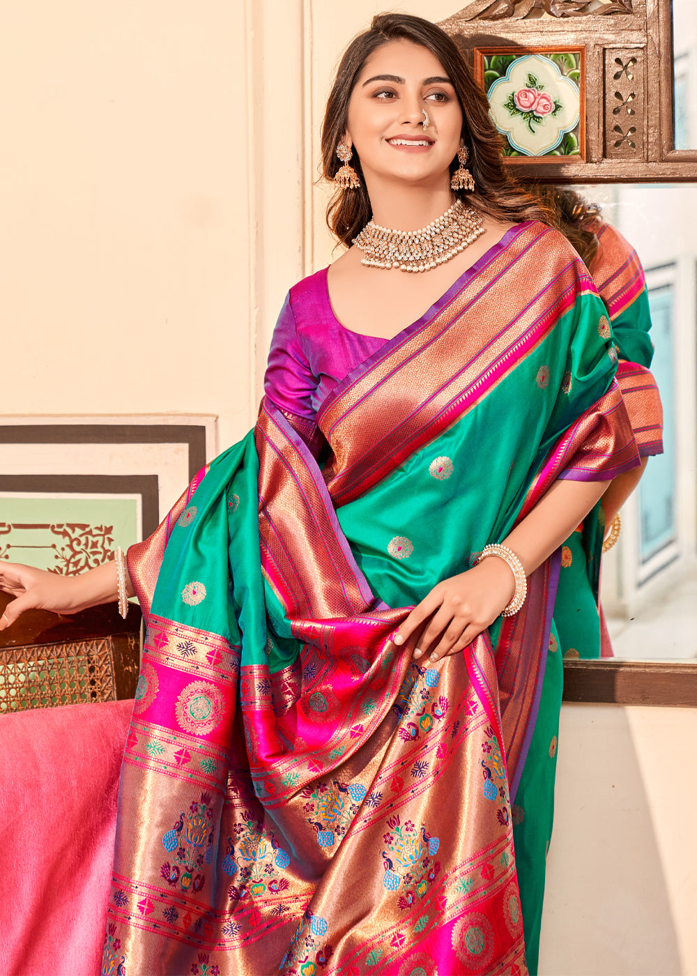 MySilkLove Jade Green Woven Paithani Soft Silk Saree