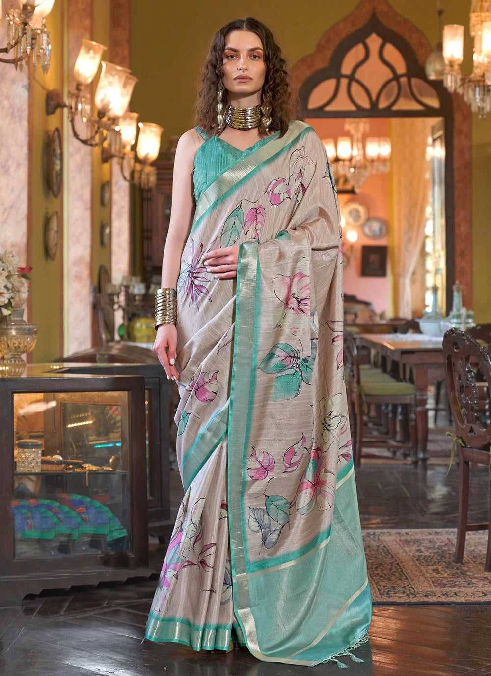 Buy MySilkLove Pastel Grey and Green Banarasi Floral Printed Saree Online