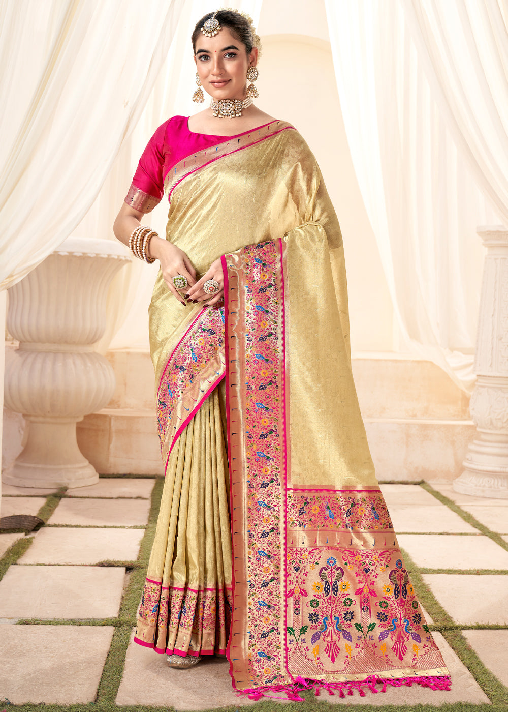 Buy MySilkLove Laser Golden Woven Paithani Tissue Silk Saree Online