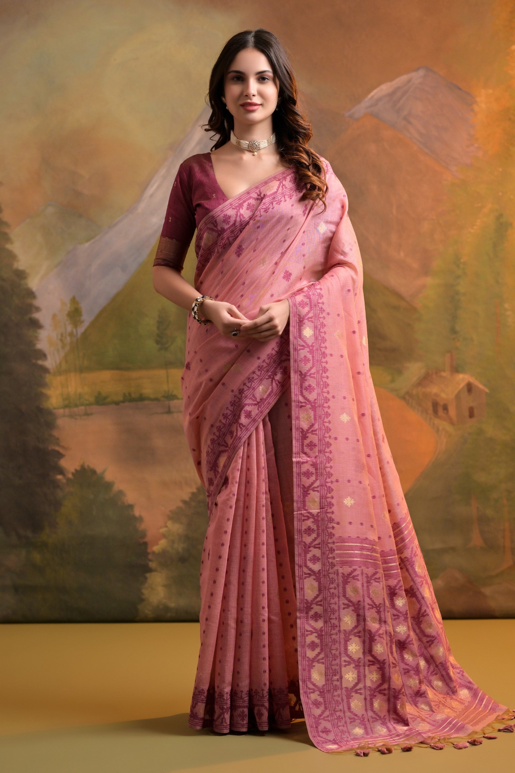 Buy MySilkLove Charm Pink Jamdani Woven Muga Cotton Saree Online