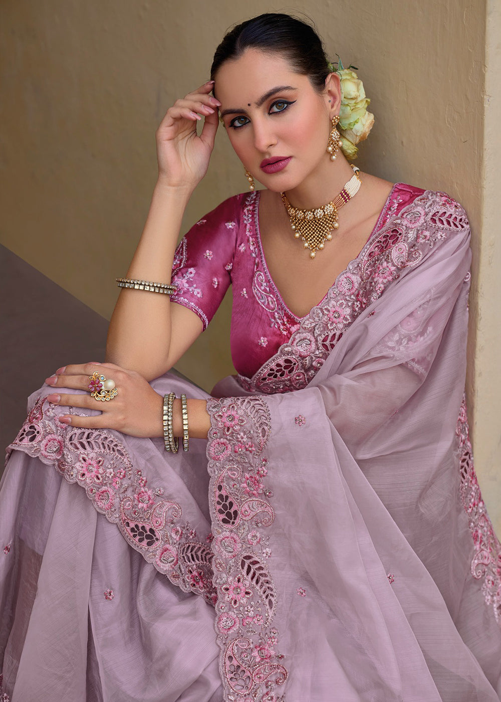 MySilkLove Lily Pink Tissue Organza Embroidered Silk Saree