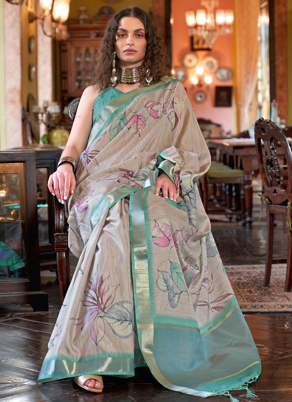 MySilkLove Pastel Grey and Green Banarasi Floral Printed Saree