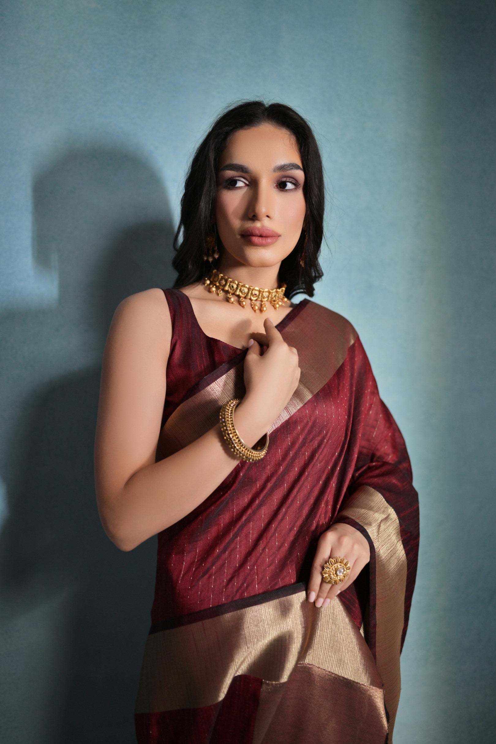 Buy MySilkLove Saddle Maroon Woven Raw Silk Saree Online