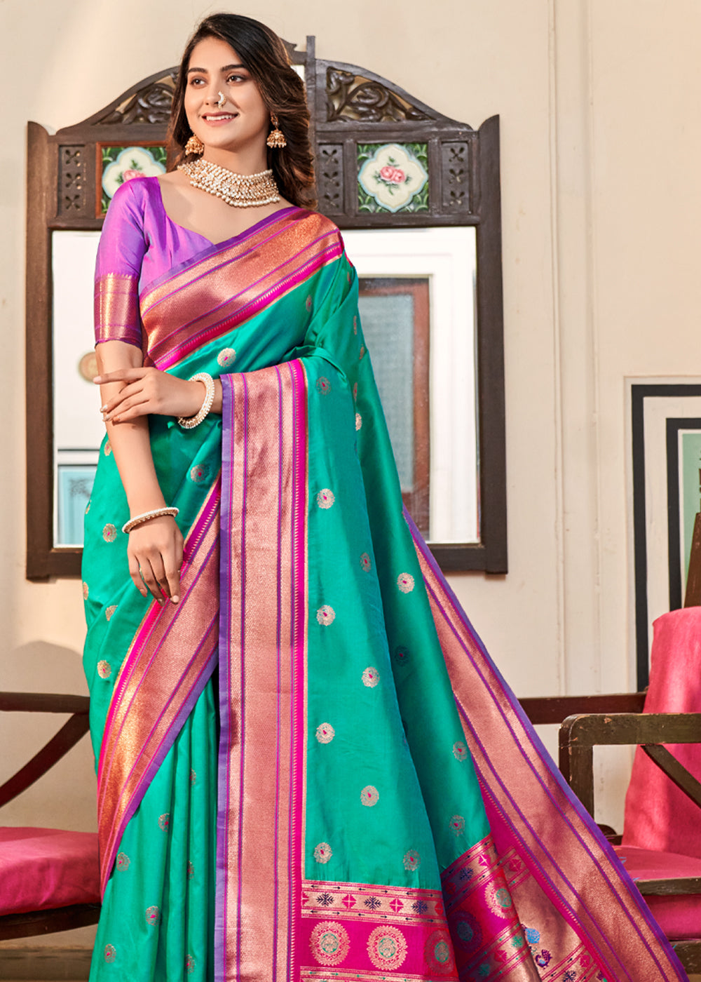 Buy MySilkLove Jade Green Woven Paithani Soft Silk Saree Online