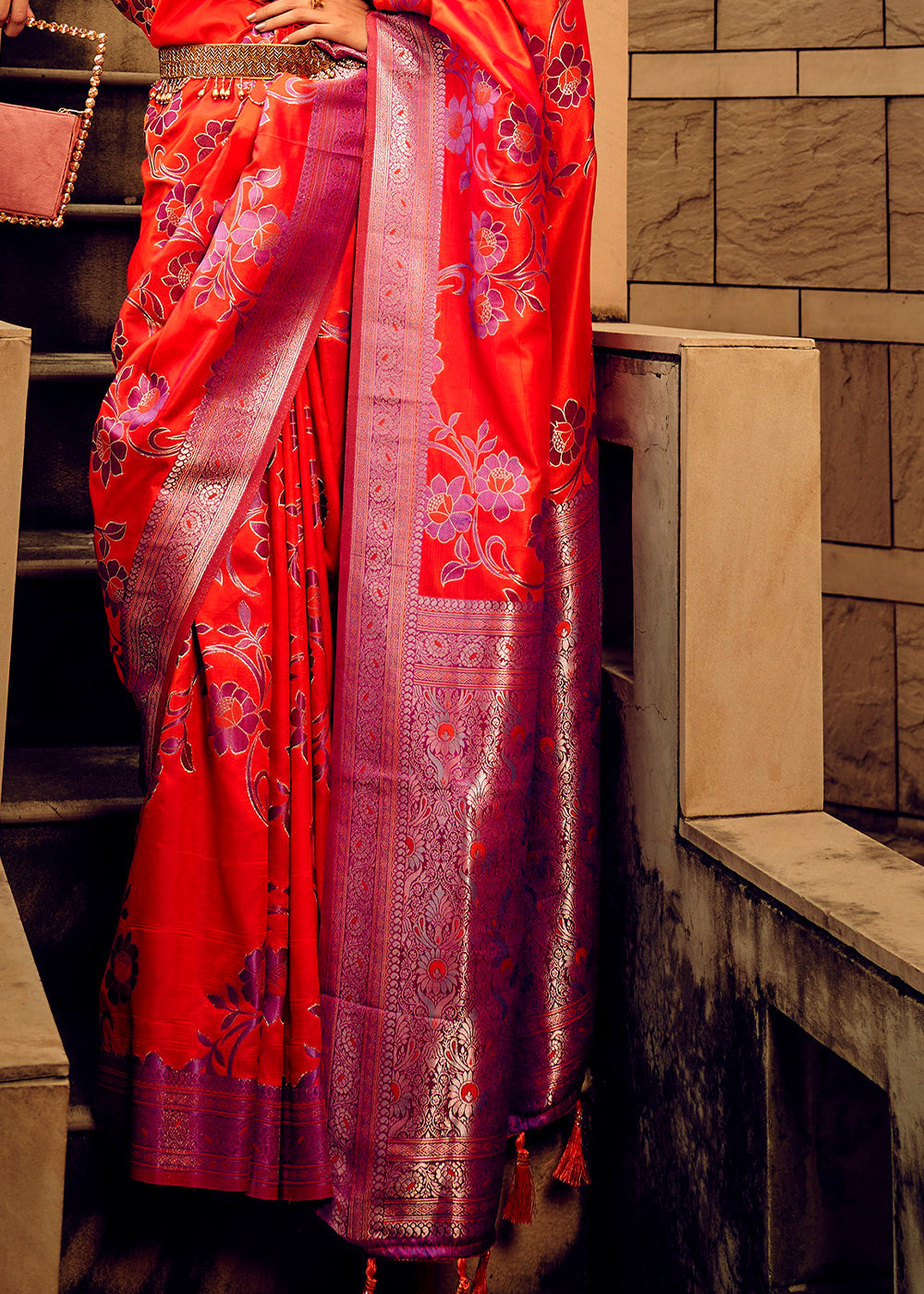 Buy MySilkLove Coral Orange Zari Woven Banarasi Handloom Silk Saree Online