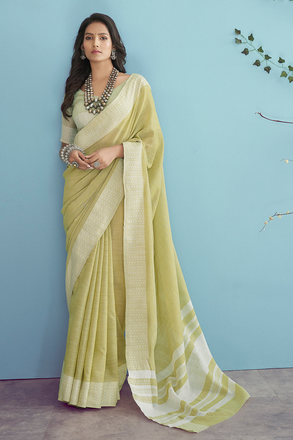 Buy MySilkLove Winter Hazel Green Linen Saree Online