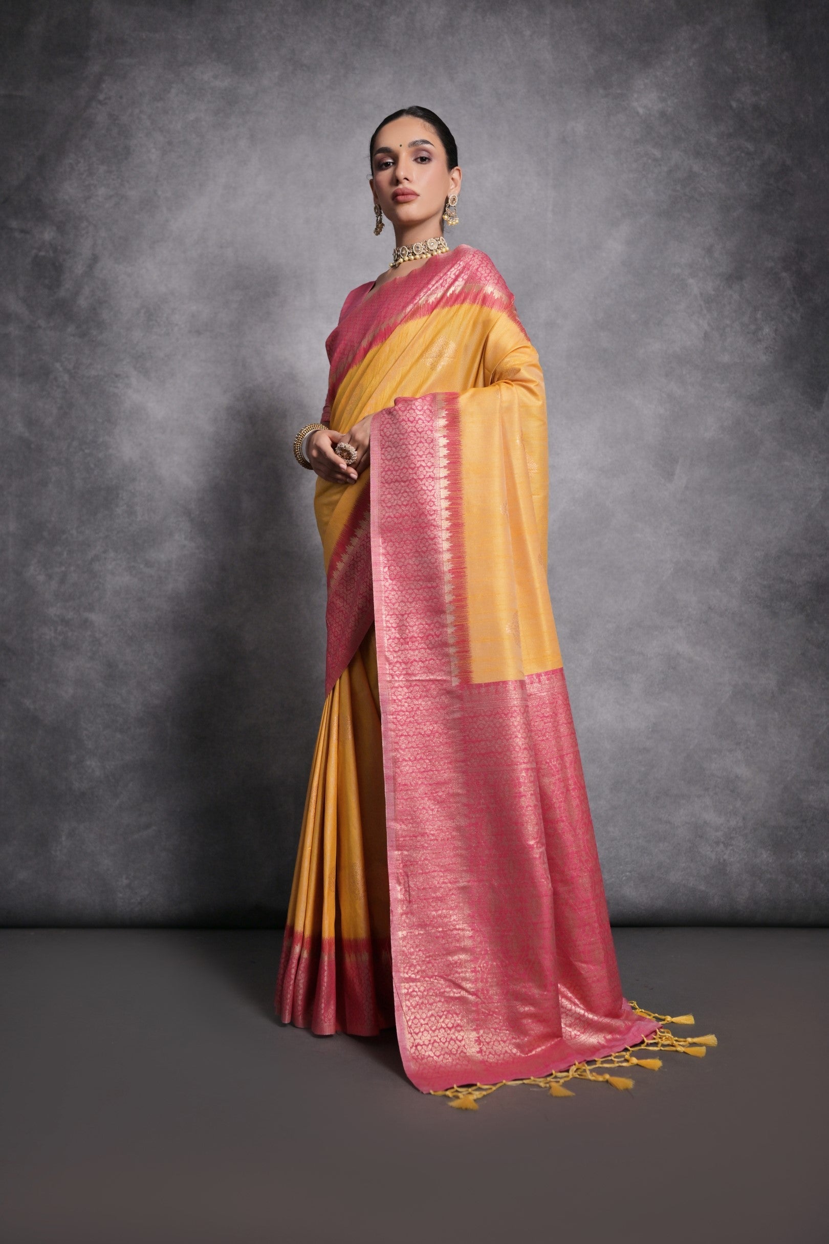 MySilkLove Porsche Yellow Tussar Temple Border Silk Saree