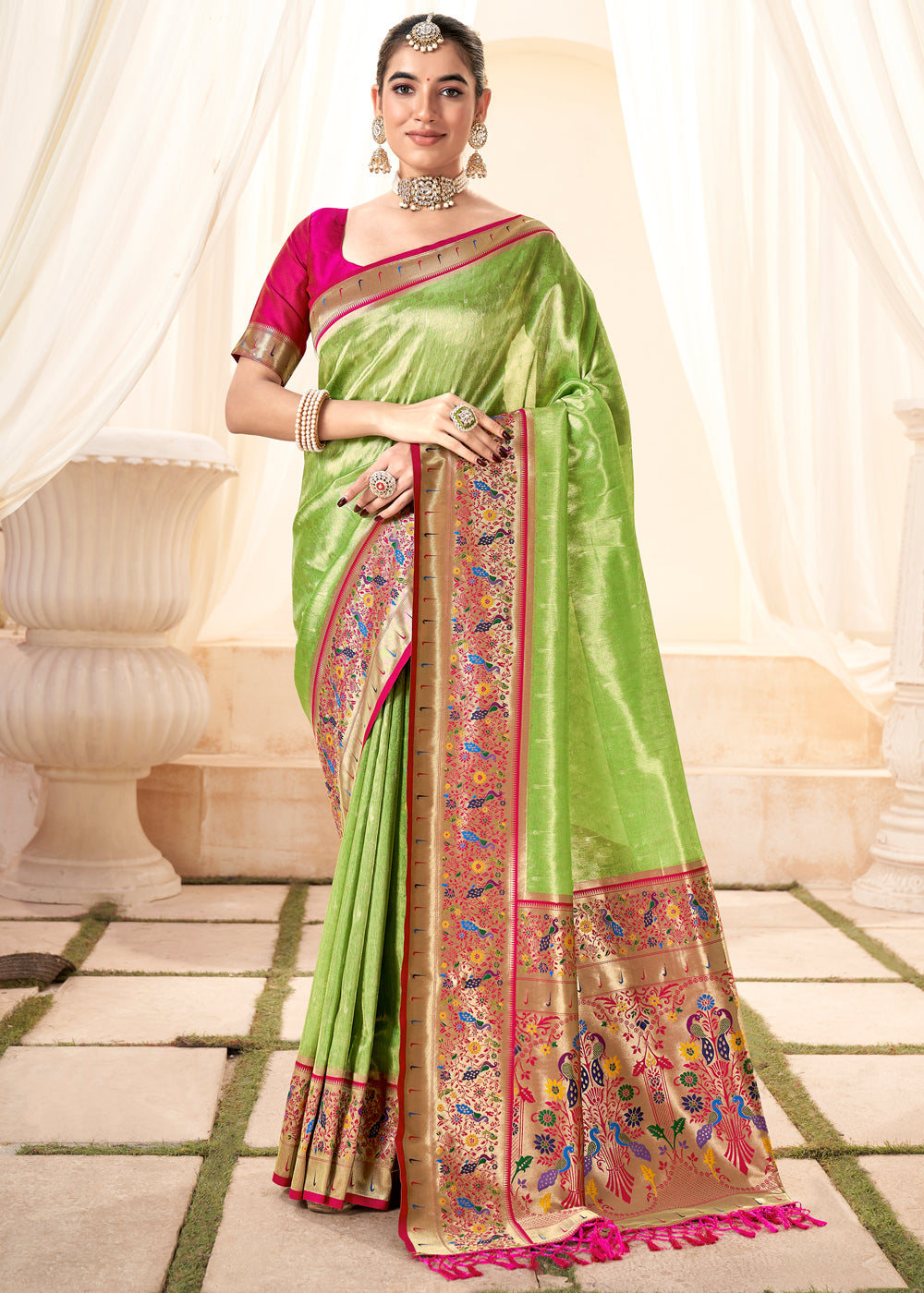 Buy MySilkLove Parrot Green Woven Paithani Tissue Silk Saree Online