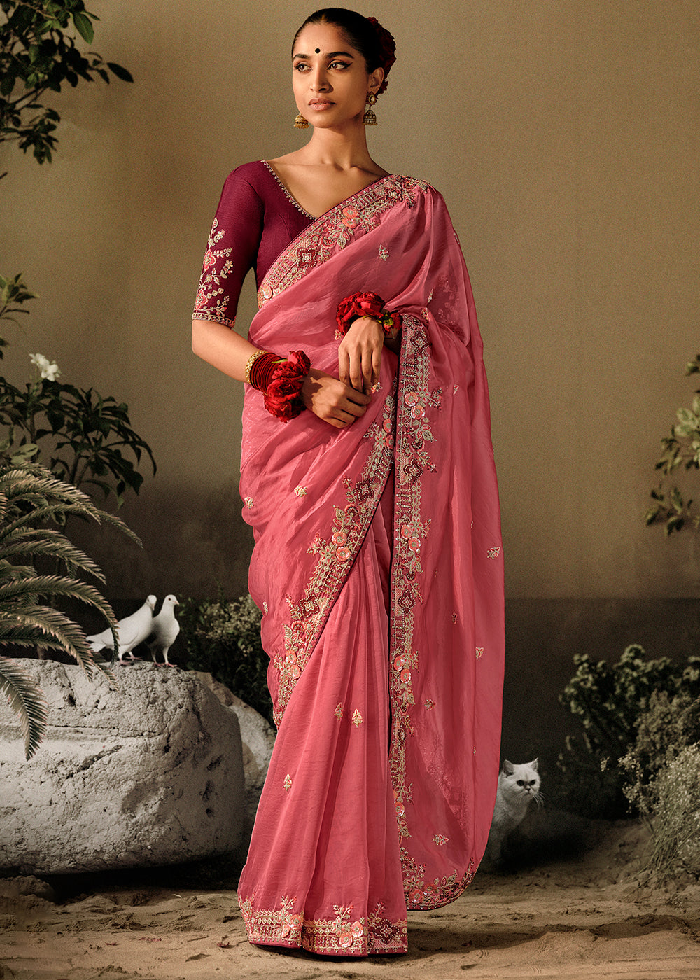 Buy MySilkLove Sunglo Pink Embroidery Designer Banarasi Dola Silk Saree Online