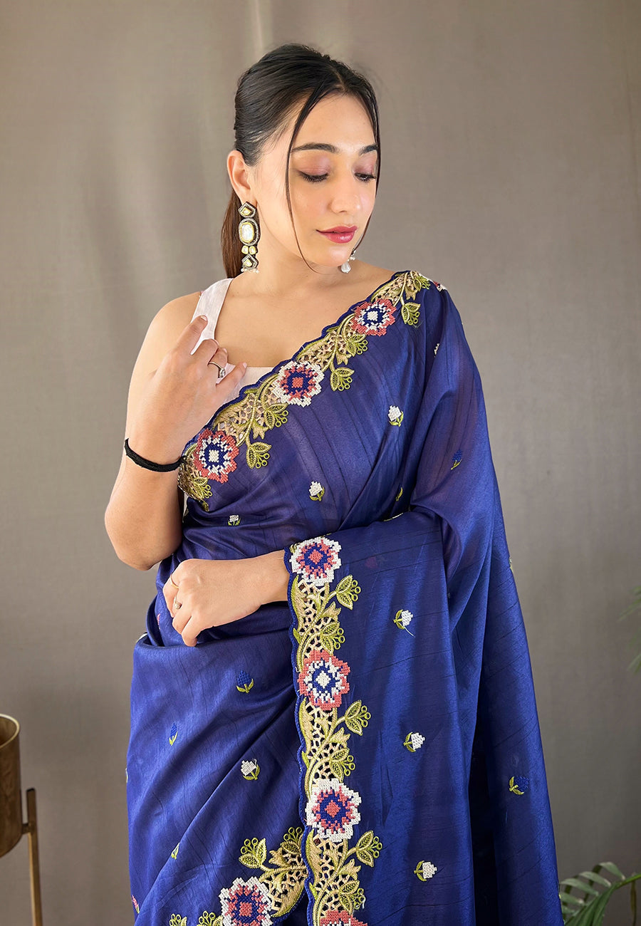Buy MySilkLove Chambray Blue Embroidered Tussar Silk Saree Online