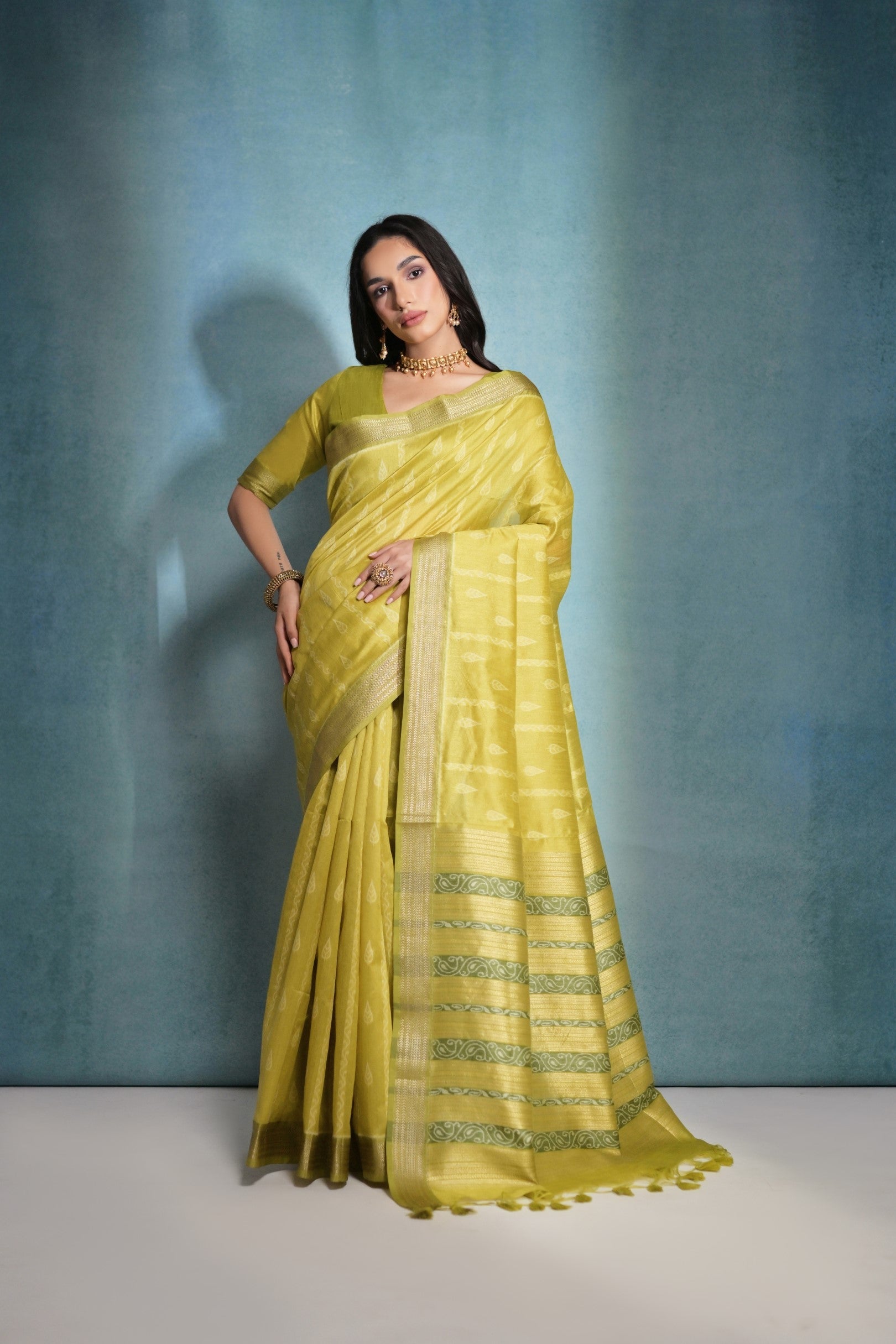 Buy MySilkLove Calico Yellow Ikkat Woven Raw Silk Saree Online