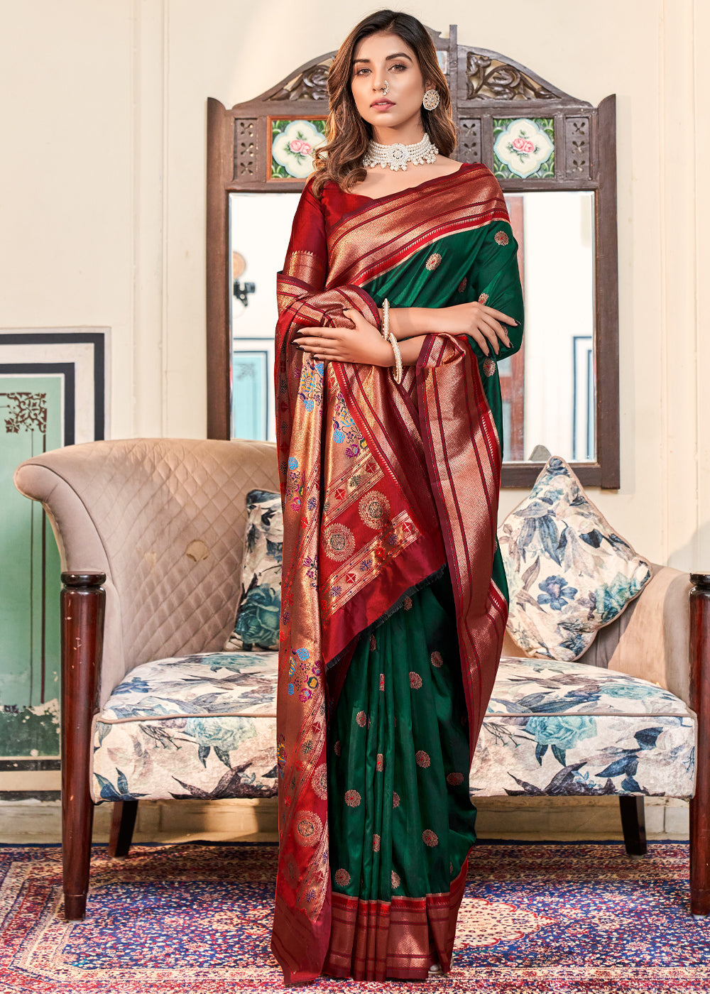 Buy MySilkLove Basil Green Woven Paithani Soft Silk Saree Online