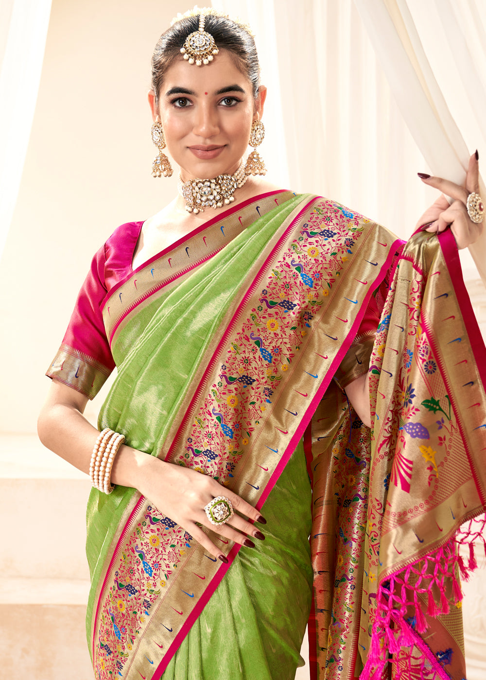 MySilkLove Parrot Green Woven Paithani Tissue Silk Saree