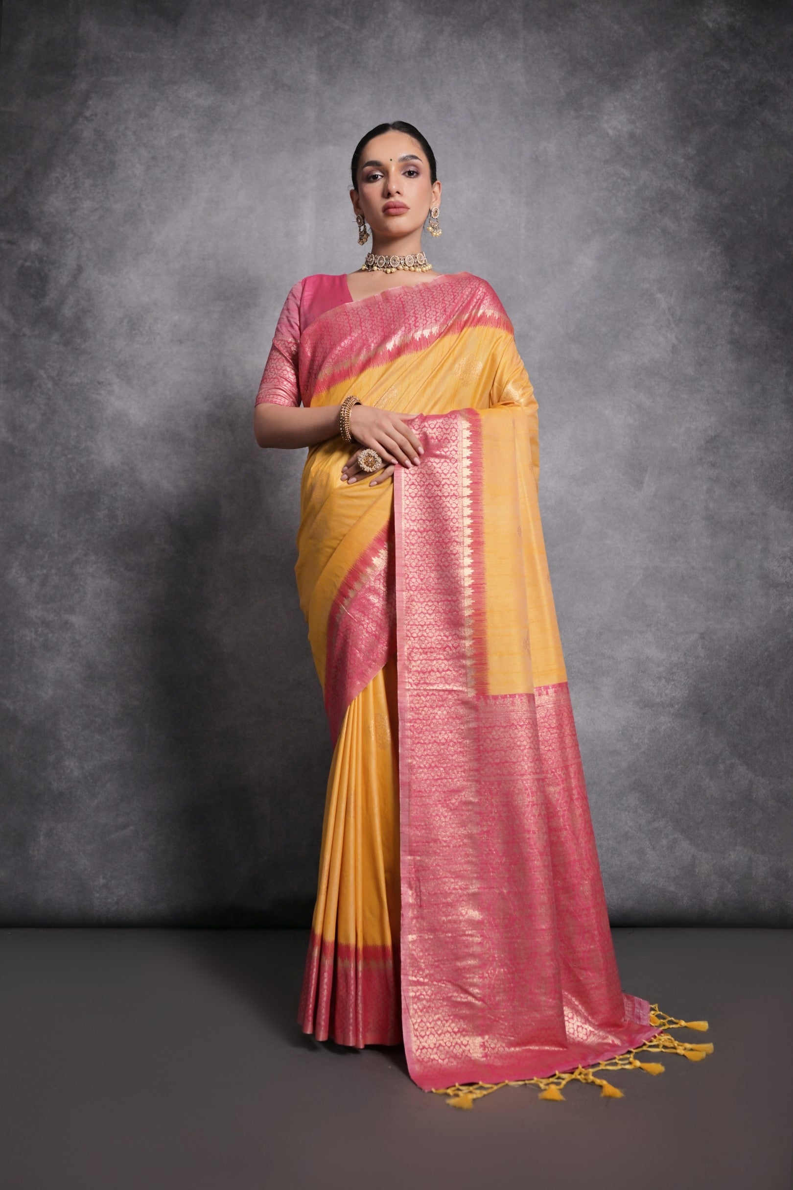 Buy MySilkLove Porsche Yellow Tussar Temple Border Silk Saree Online