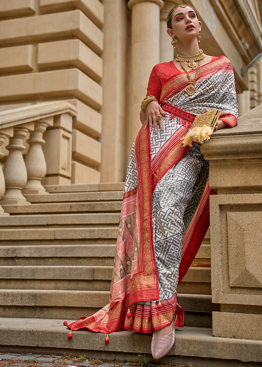 MySilkLove Light Grey and Red Printed Patola Silk Saree