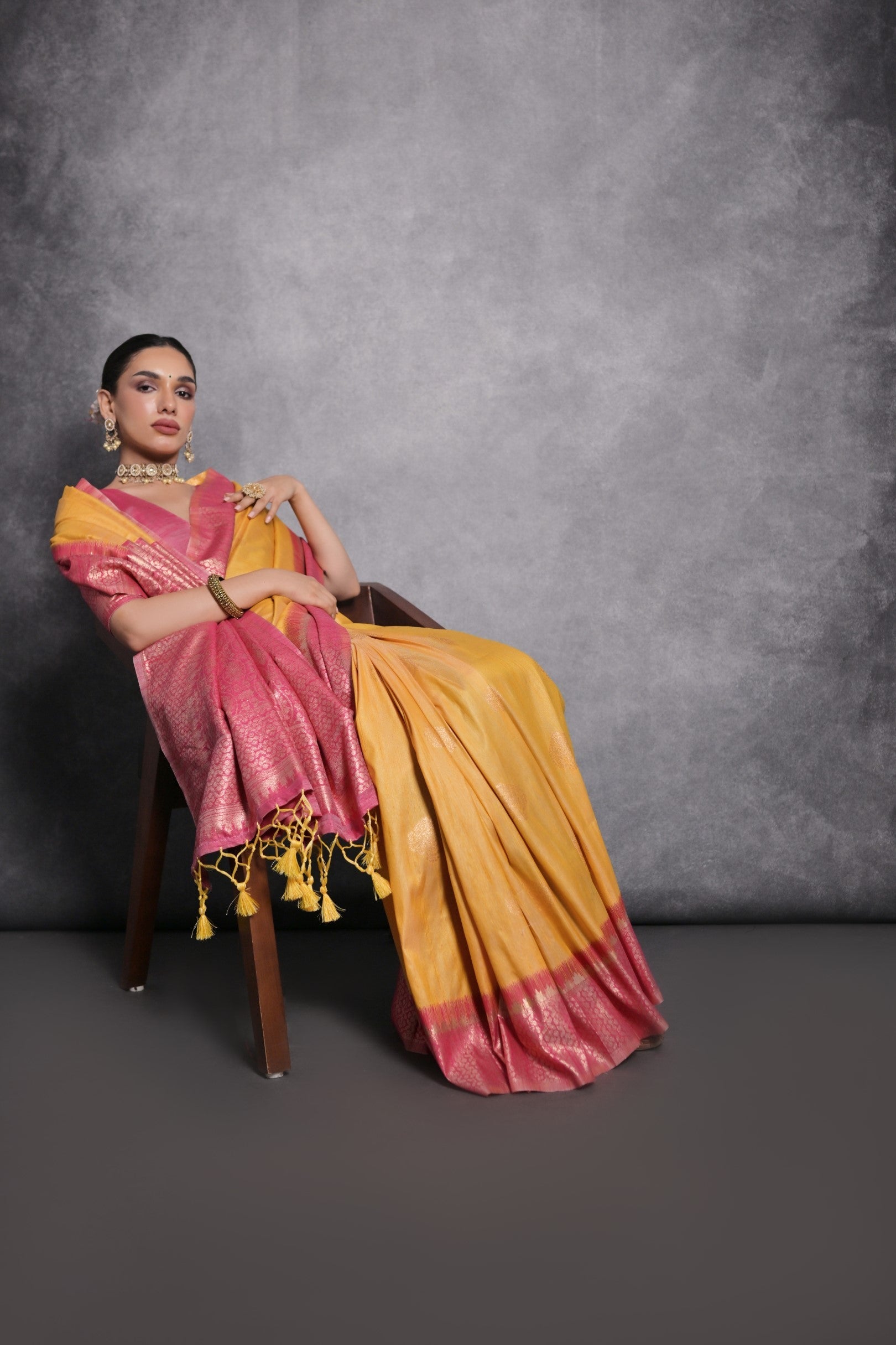 Buy MySilkLove Porsche Yellow Tussar Temple Border Silk Saree Online
