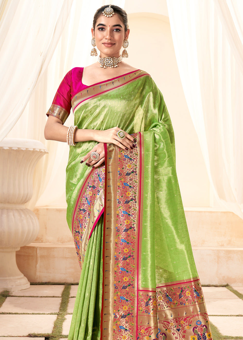 Buy MySilkLove Parrot Green Woven Paithani Tissue Silk Saree Online