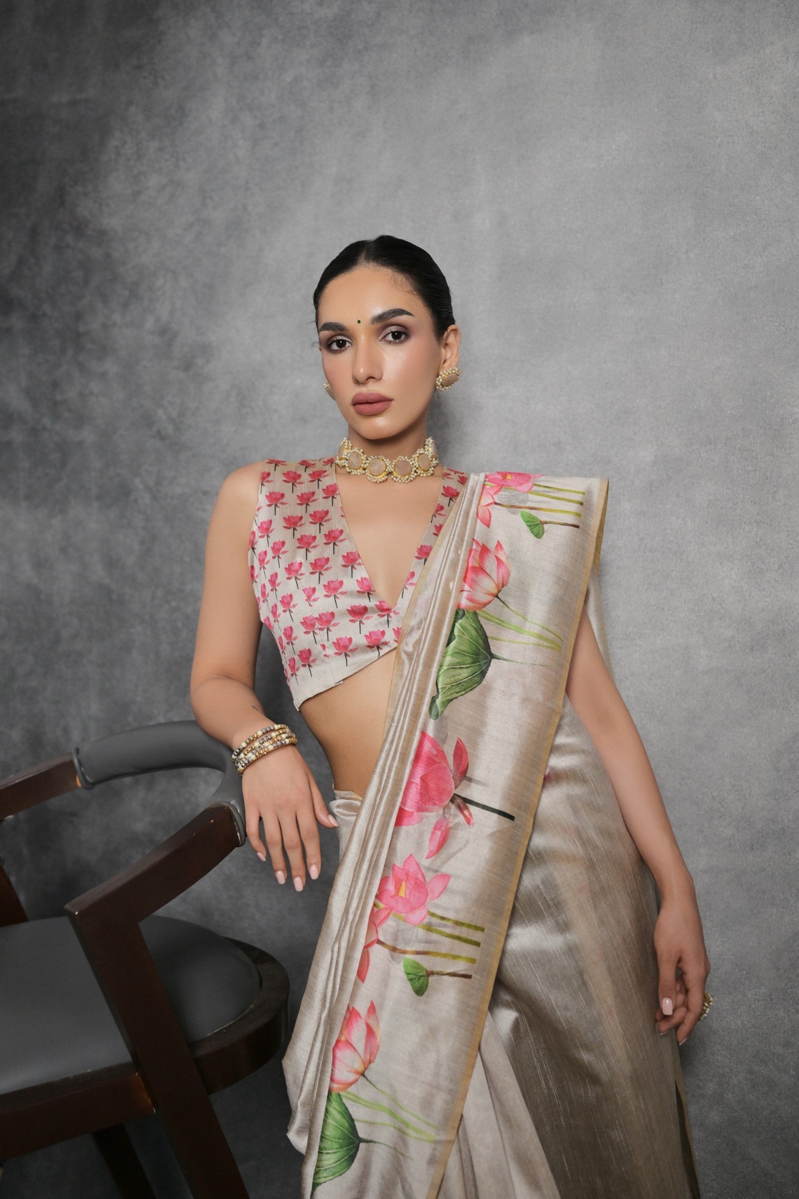 Buy MySilkLove Soft Amber Cream Floral Printed Tussar Silk Saree Online