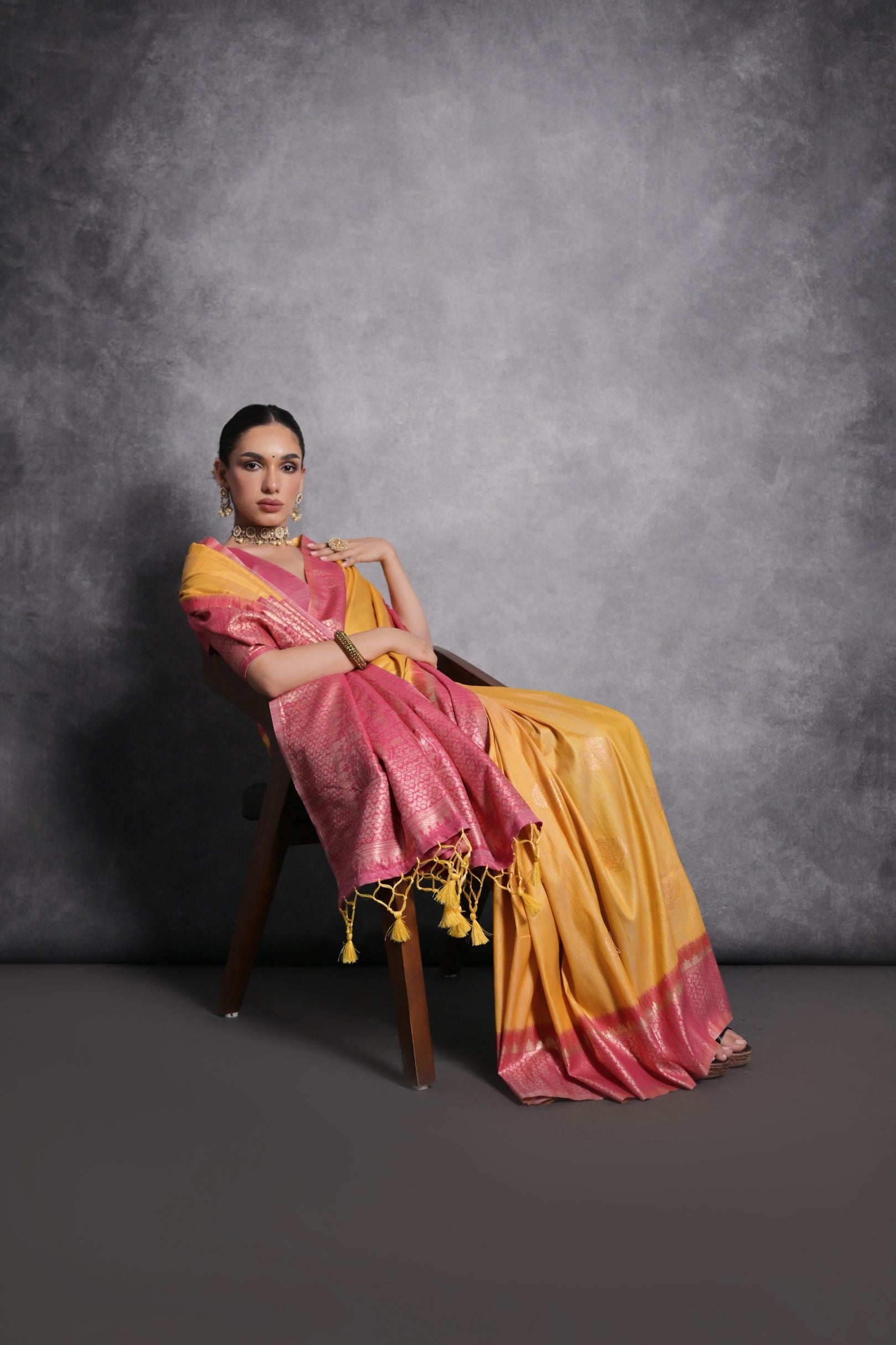 Buy MySilkLove Porsche Yellow Tussar Temple Border Silk Saree Online