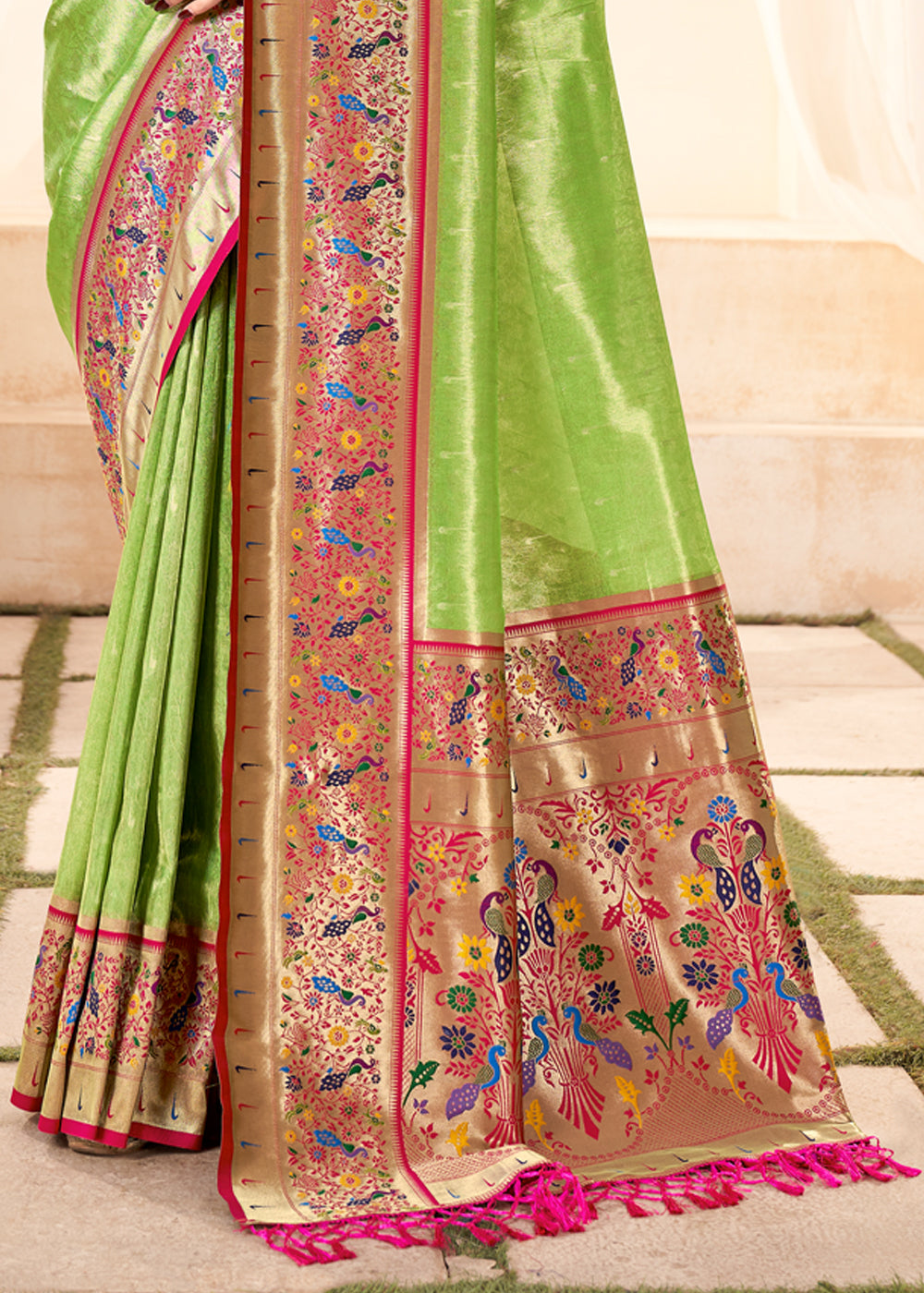 Buy MySilkLove Parrot Green Woven Paithani Tissue Silk Saree Online
