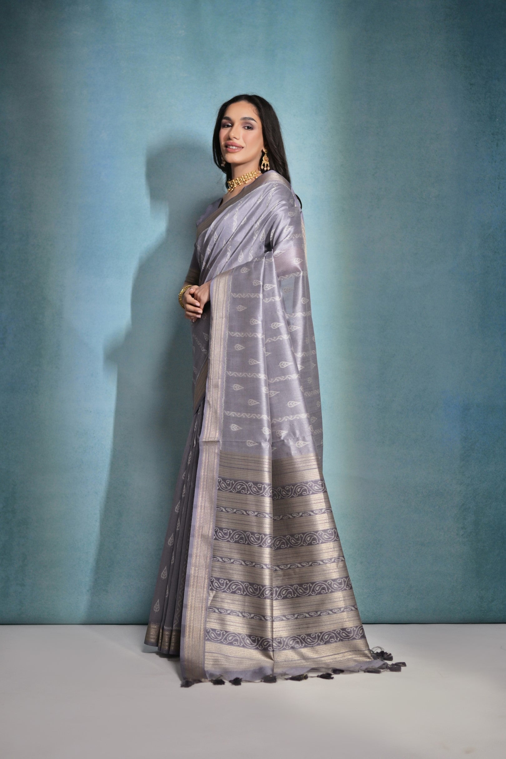 Buy MySilkLove Mountain Mist Grey Ikkat Woven Raw Silk Saree Online