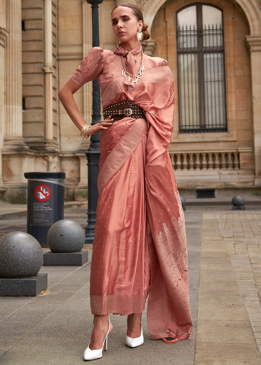 Buy MySilkLove Chestnut Peach Woven Banarasi Satin Silk Saree Online