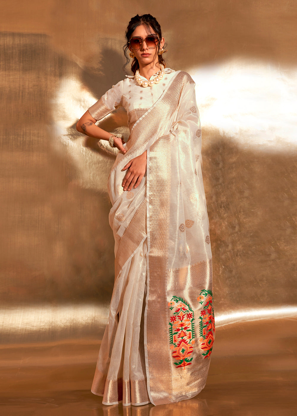 Buy MySilkLove Hampton Cream Handloom Tissue Silk Saree Online