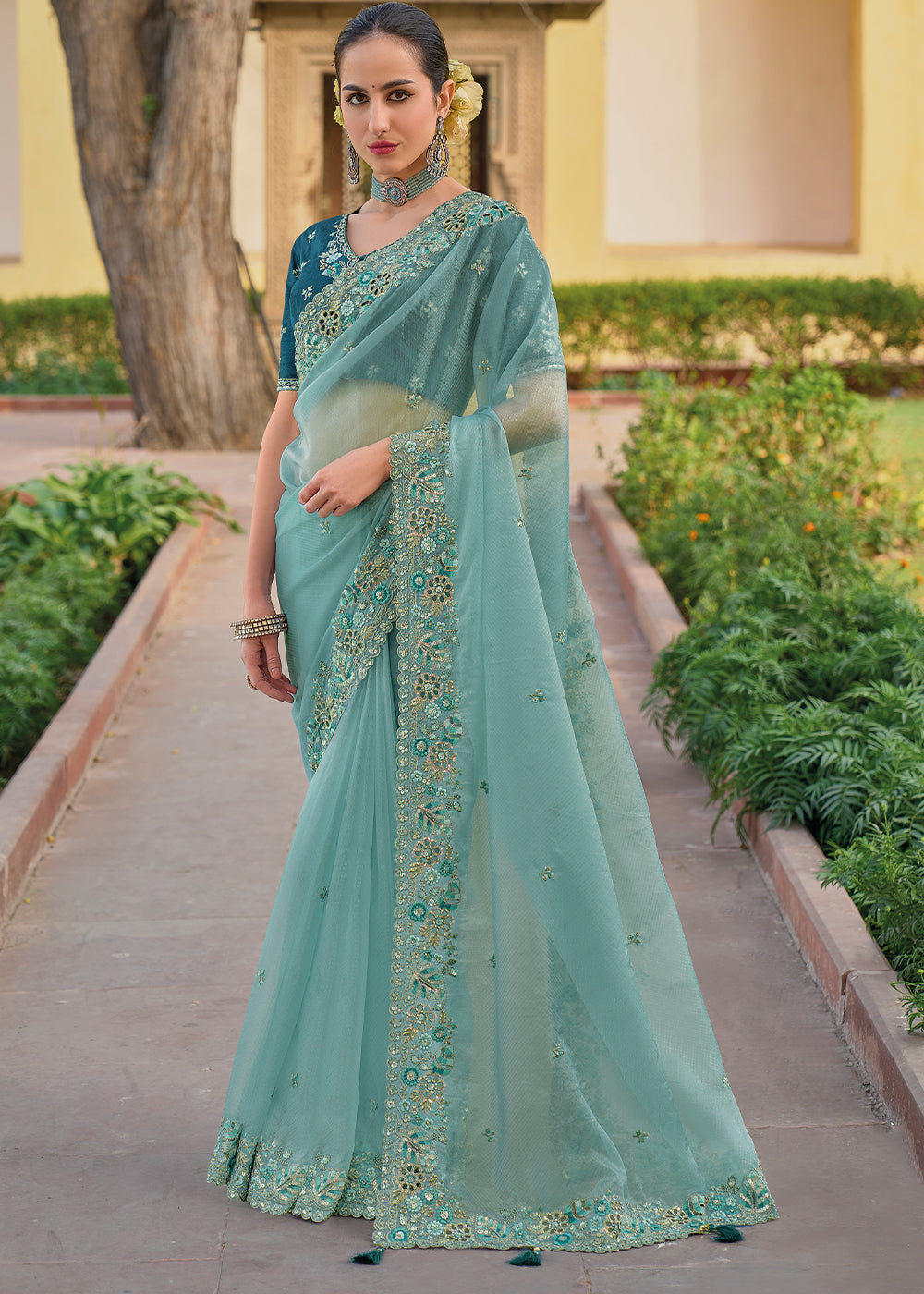 Buy MySilkLove Sea Nymph Blue Tissue Organza Embroidered Silk Saree Online