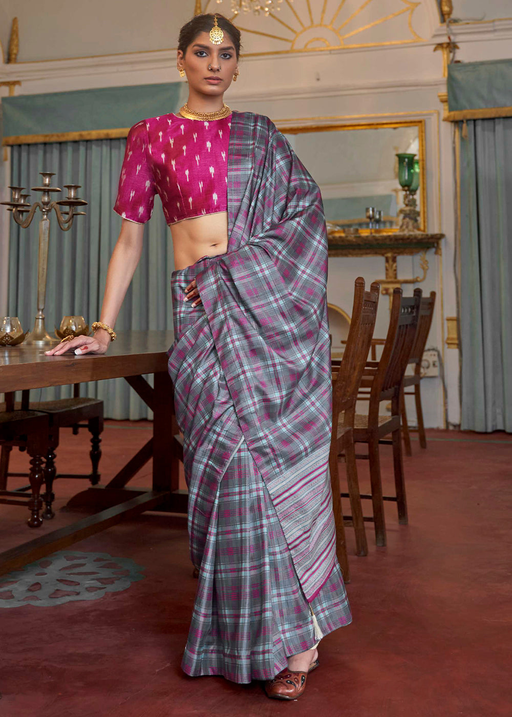 Buy MySilkLove Coral Pearl Grey Printed Banarasi Saree Online