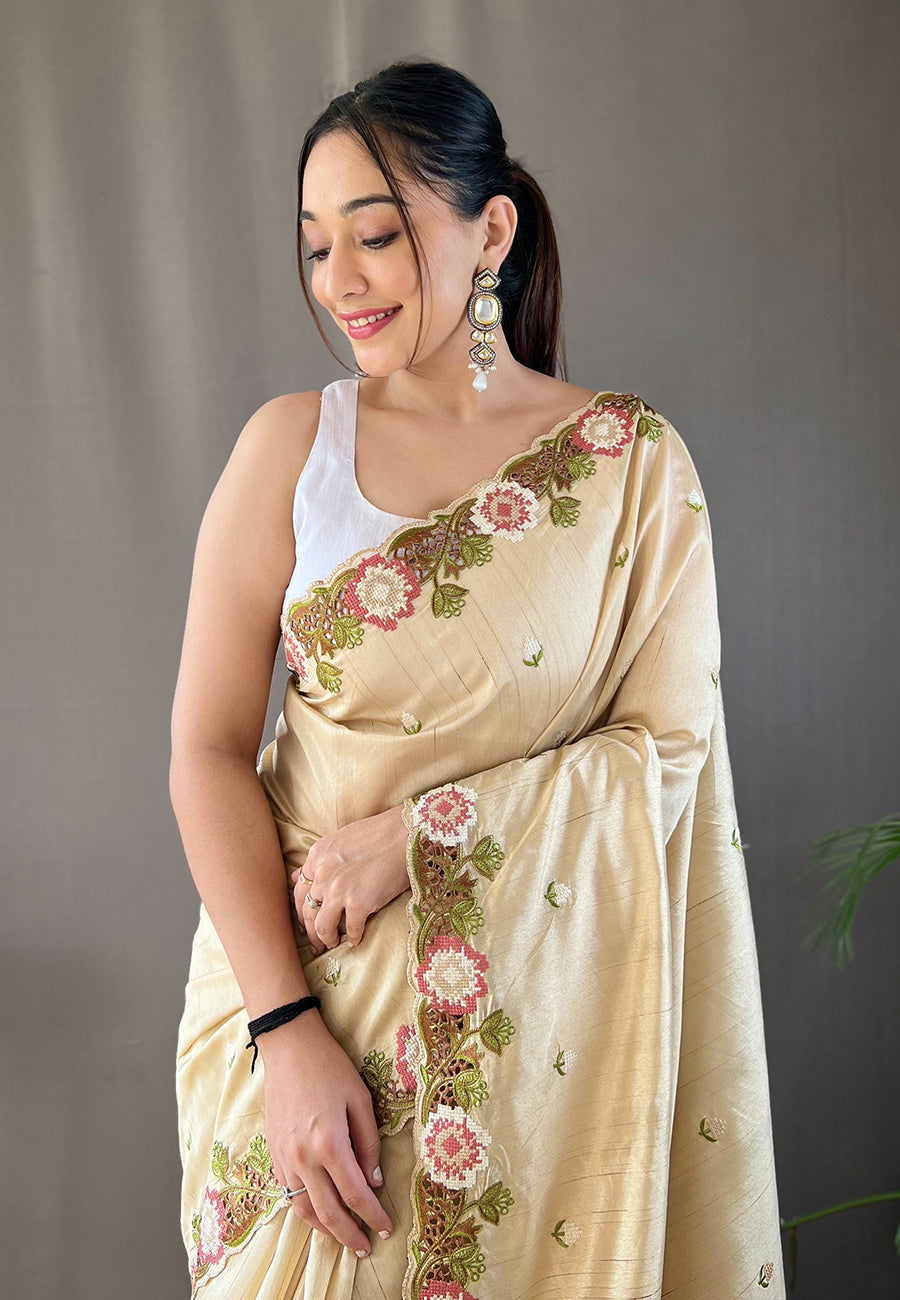 Buy MySilkLove Spanish Craem Embroidered Tussar Silk Saree Online