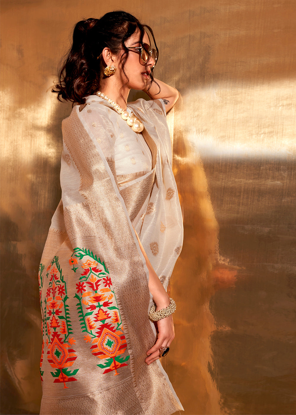 Buy MySilkLove Hampton Cream Handloom Tissue Silk Saree Online