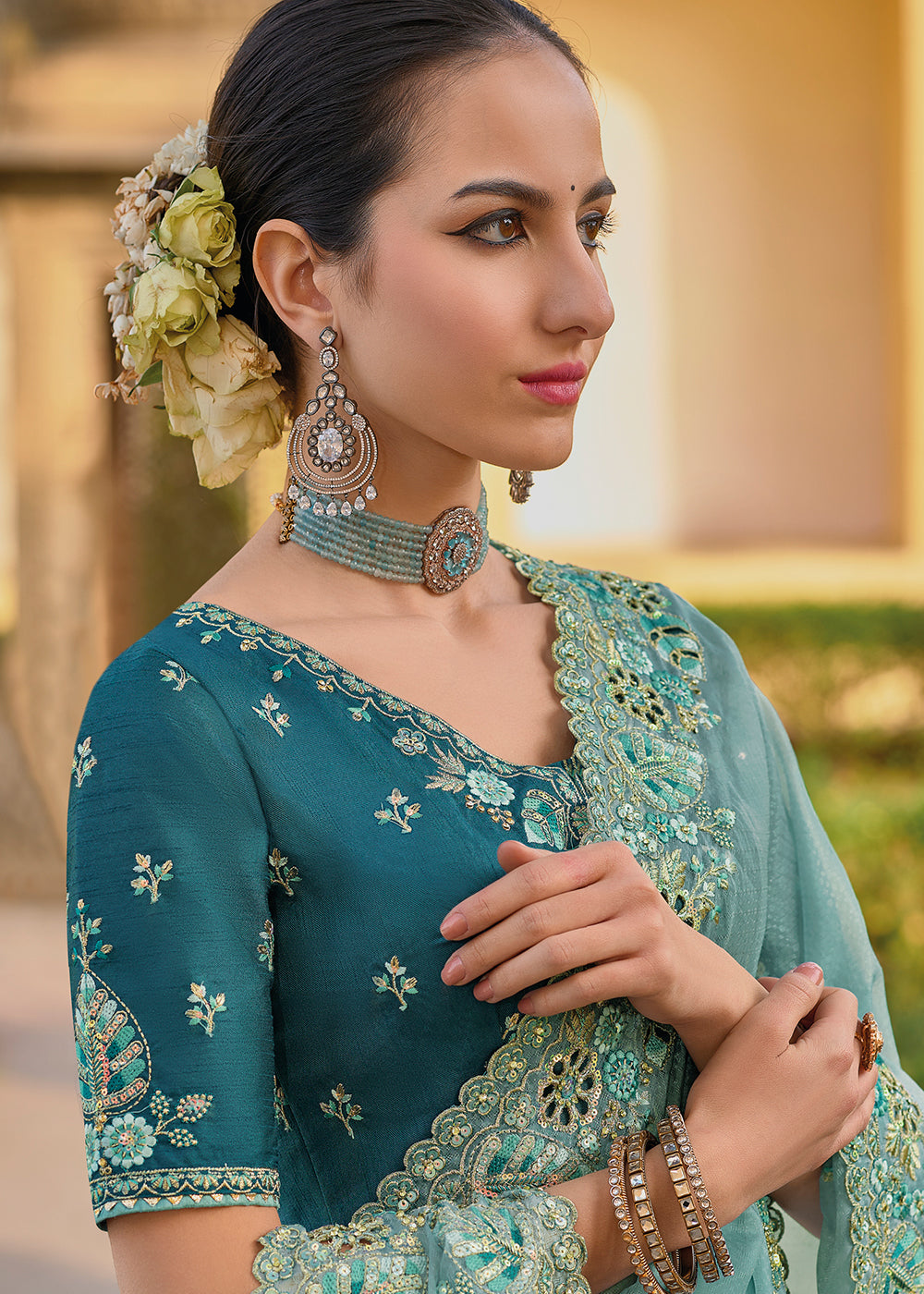 Buy MySilkLove Sea Nymph Blue Tissue Organza Embroidered Silk Saree Online