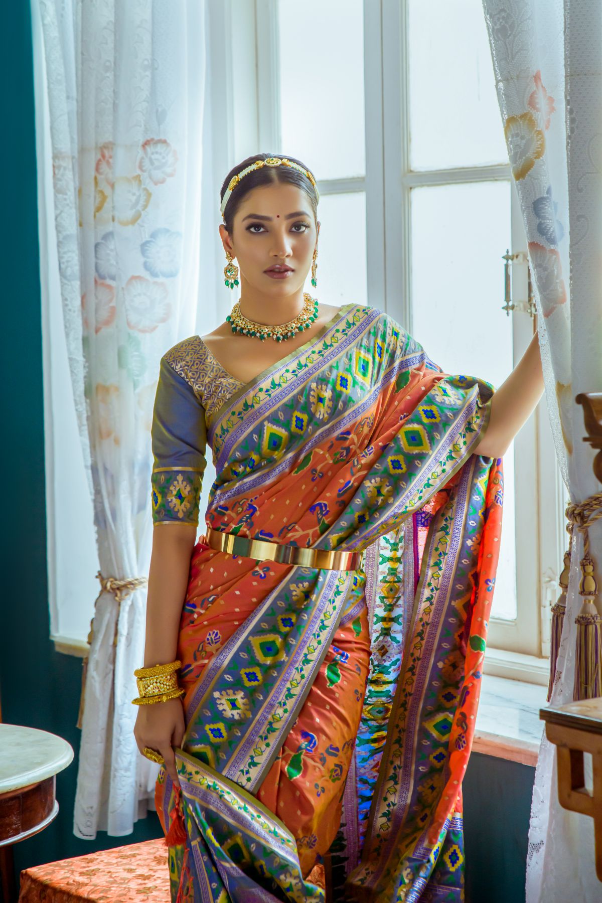 Buy MySilkLove Cantaloupe Orange Patola Fusion Paithani Silk Saree Online