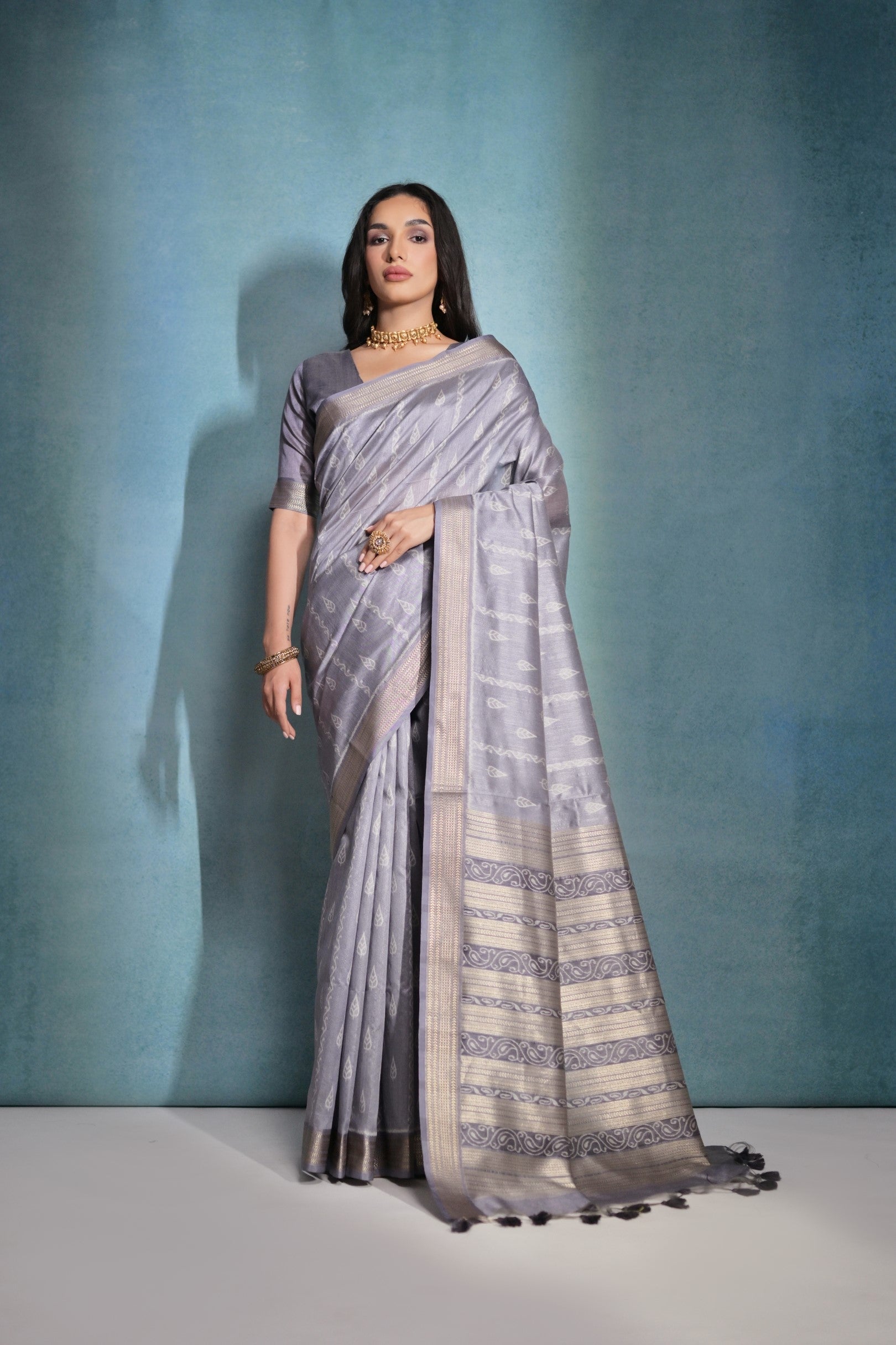 Buy MySilkLove Mountain Mist Grey Ikkat Woven Raw Silk Saree Online