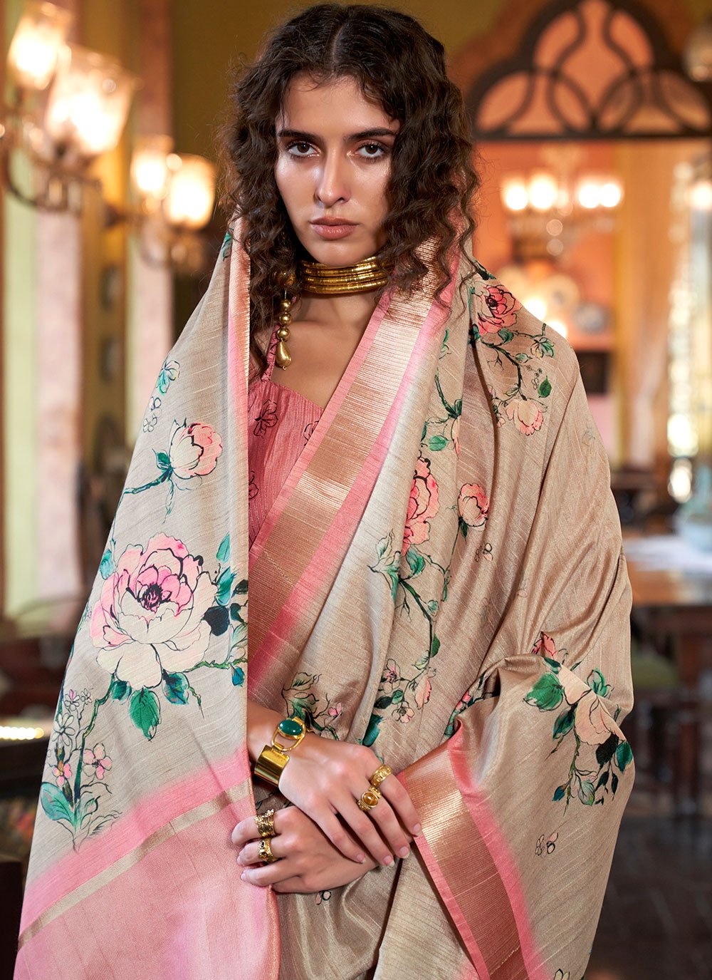 Buy MySilkLove Chino Cream and Peach Banarasi Floral Printed Saree Online