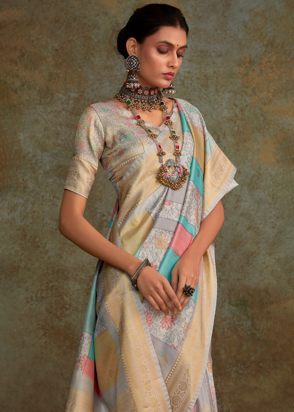 Buy MySilkLove Martini Grey Digital Printed Soft Silk Saree Online