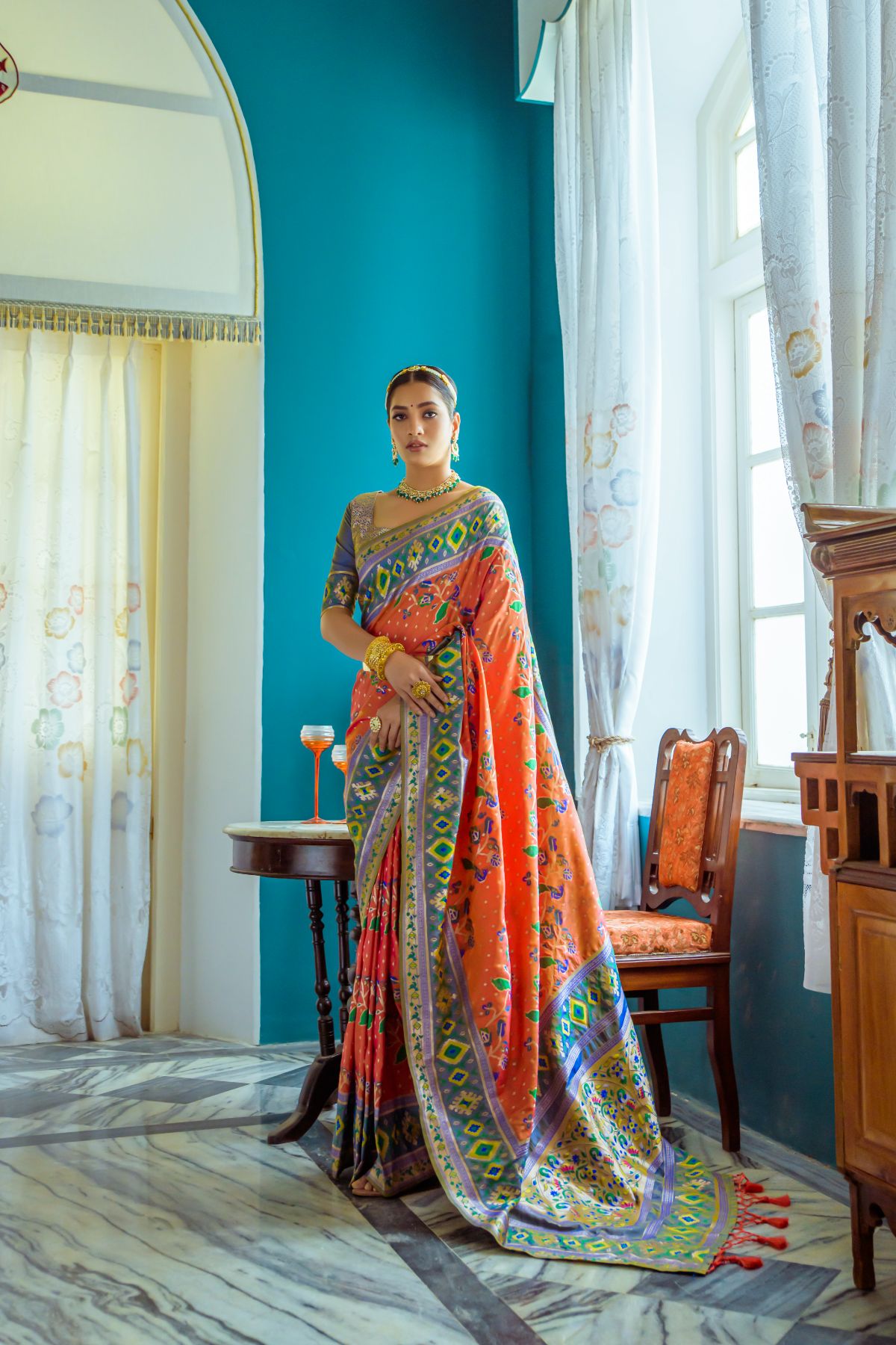 Buy MySilkLove Cantaloupe Orange Patola Fusion Paithani Silk Saree Online