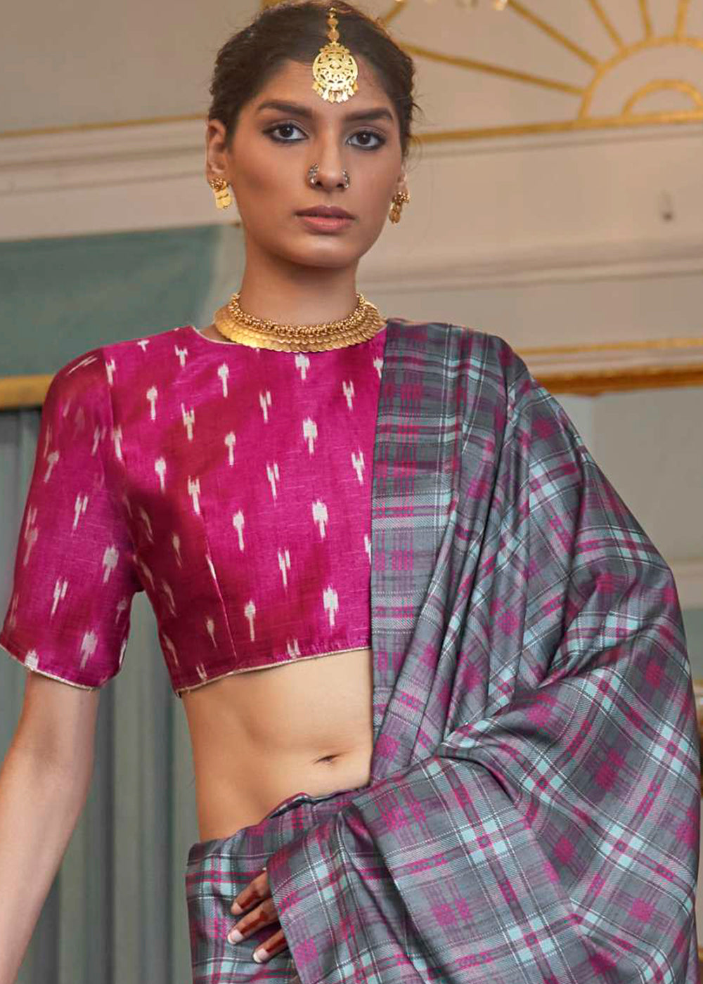 Buy MySilkLove Coral Pearl Grey Printed Banarasi Saree Online