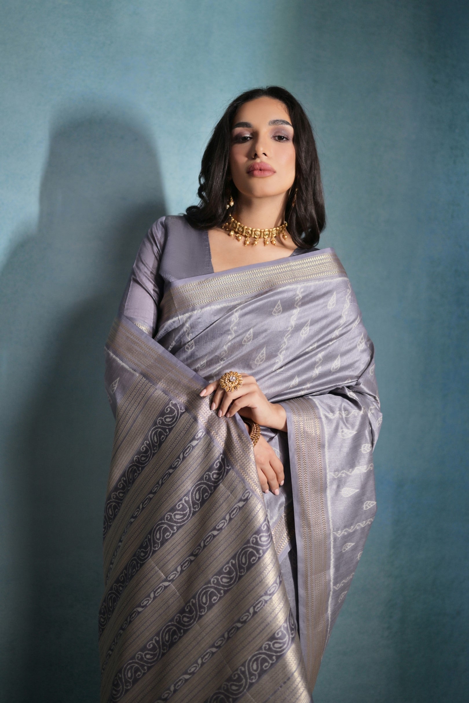 Buy MySilkLove Mountain Mist Grey Ikkat Woven Raw Silk Saree Online