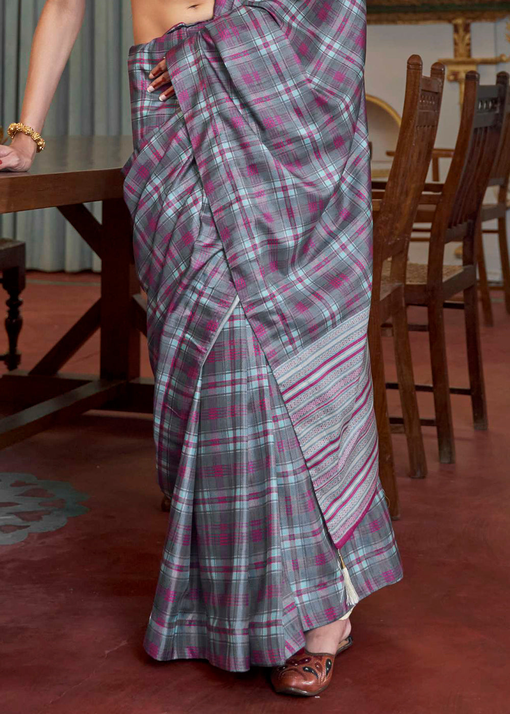 Buy MySilkLove Coral Pearl Grey Printed Banarasi Saree Online