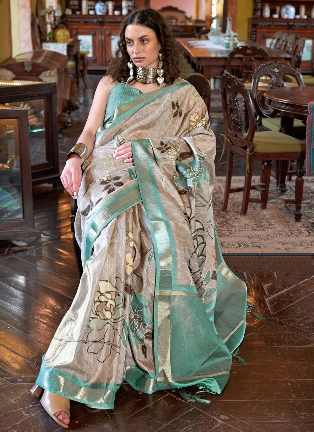 Buy MySilkLove Silver Rust Grey and Green Banarasi Floral Printed Saree Online