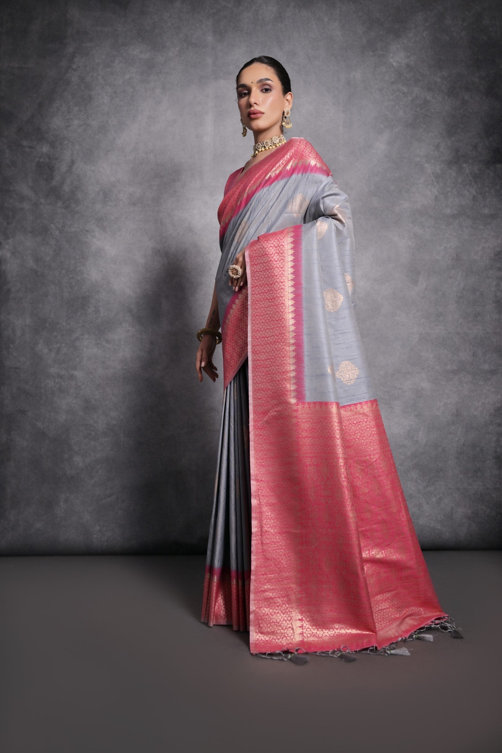 Buy MySilkLove Mountain Mist Grey Tussar Temple Border Silk Saree Online
