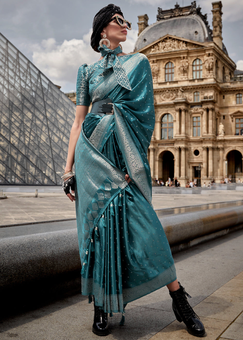 Buy MySilkLove Patina Blue Woven Banarasi Satin Silk Saree Online