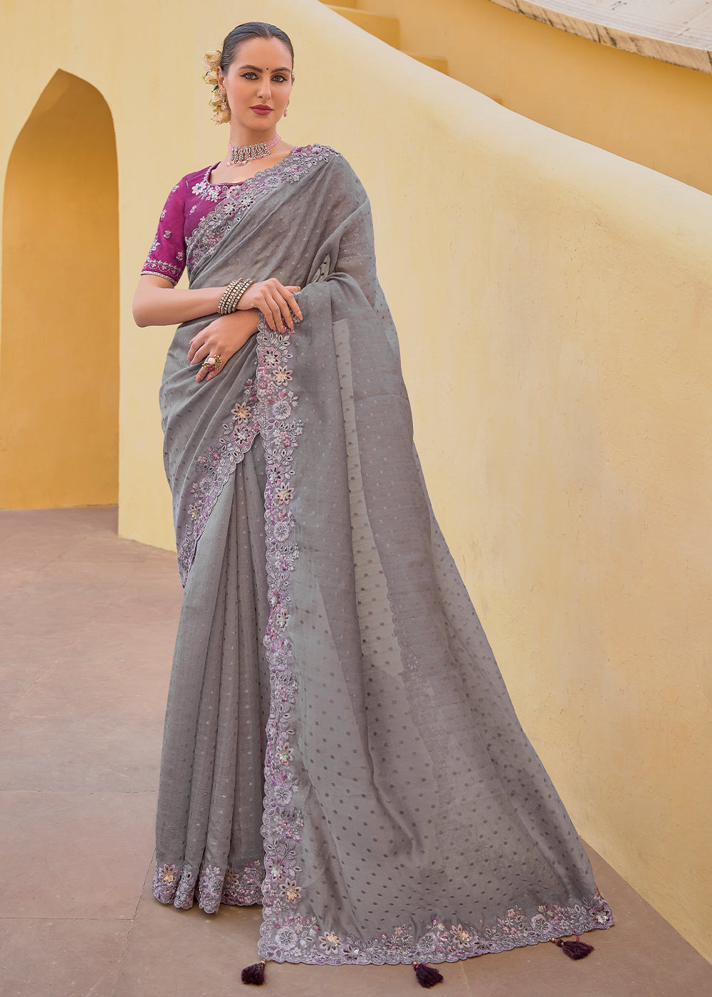 Buy MySilkLove Hurricane Grey Tissue Organza Embroidered Silk Saree Online