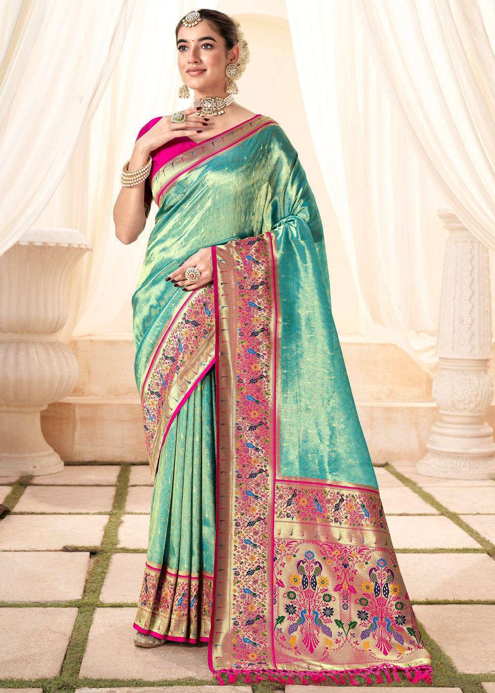 Buy MySilkLove Summer Green Woven Paithani Tissue Silk Saree Online