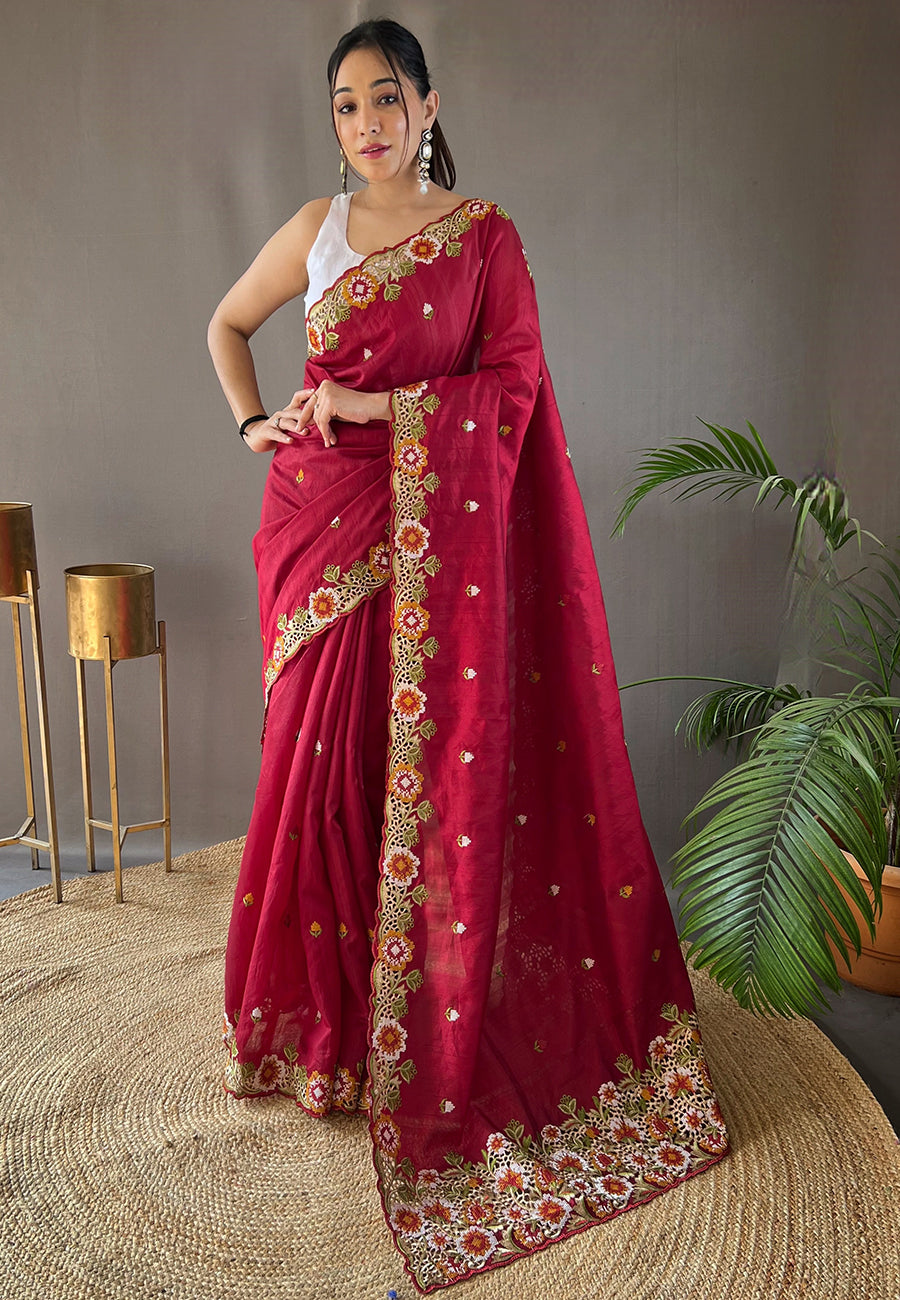 Buy MySilkLove Claret Maroon Embroidered Tussar Silk Saree Online
